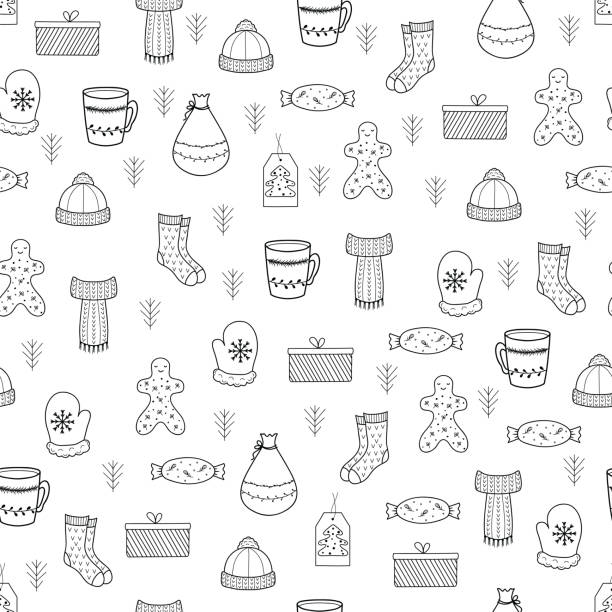 Hand drawn Merry Christmas and Happy New Year doodle seamless pattern Pattern with Christmas elements for your design. Hand drawn Merry Christmas and Happy New Year doodle seamless pattern. Outline festive winter seamless pattern. Coloring page. gingerbread man coloring page stock illustrations