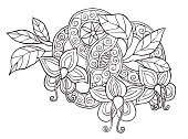 Hand drawn monochrome doodle flowers, leafs and ribbon with swirl vector