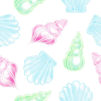 Hand Drawn Multi-Colored Sea Shells Seamless Pattern. Shells Vector Background.