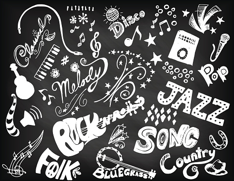 Hand Drawn Music Doodled Elements and Typography on a chalkboard base vector