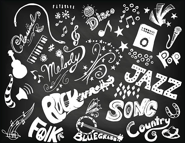 Hand Drawn Music Doodled Elements and Typography. Hand Drawn Music Doodled Elements and Typography on a chalkboard base chalk rock stock illustrations