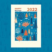 Seasonal Happy New Year 2022 greeting card template with hand drawn elements.