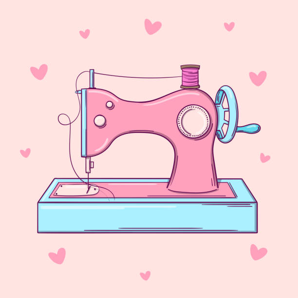illustrations, cliparts, dessins animés et icônes de vieille machine à coudre rose dessinée à la main sur fond rose avec des cœurs - ouvrier coeur