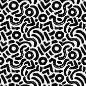 Hand drawn organic vector seamless pattern. Black textured brush strokes. Curved lines and circles. Modern stylish texture with rough natural maze. Black and white wavy organic rounded shapes pattern