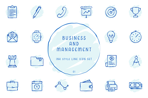 Hand Drawn Outlined Inked Sketchy Business and Management Icon Collection