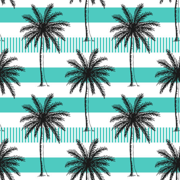 Hand drawn palm trees seamless pattern. Hand drawn palm trees seamless pattern. Horizontal stripes color line. beach patterns stock illustrations