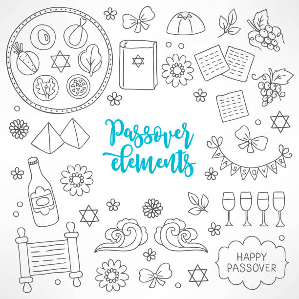 Hand drawn Passover design elements Hand drawn Passover design elements. Seder plate, hagada book, pyramid, flower, matzo, grapes, wine bottle, bow, glasses, waves, garland, Torah, bow. Perfect for coloring books passover stock illustrations