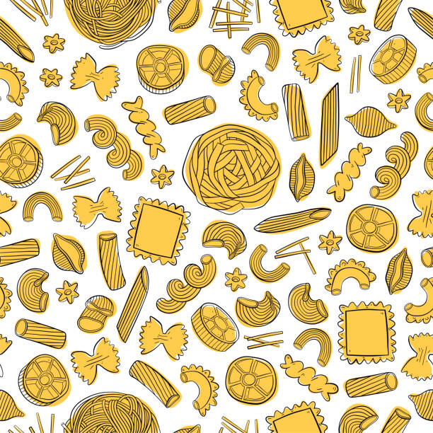 Hand drawn pattern with different types of Italian pasta. Hand drawn pattern with different types of Italian pasta. Vector line art illustration. pasta patterns stock illustrations