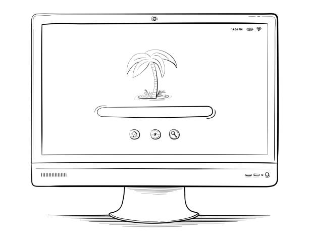stockillustraties, clipart, cartoons en iconen met hand getrokken pc monitor scherm vector illustratie - bewakingsapparatuur