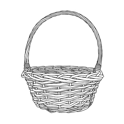 Hand drawn picnic basket isolated on white background. Sketch illustration of empty bamboo basket.