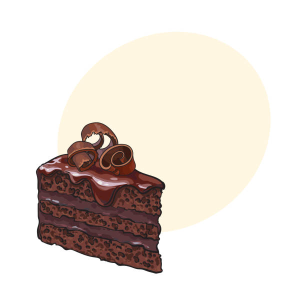 ilustrações de stock, clip art, desenhos animados e ícones de hand drawn piece of layered chocolate cake with icing, shavings - bolos de chocolate