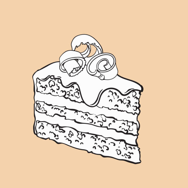 ilustrações de stock, clip art, desenhos animados e ícones de hand drawn piece of layered chocolate cake with icing, shavings - bolos de chocolate