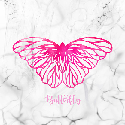 Hand Drawn Pink Watercolor Butterfly with White Marble Background. Design Element. Greeting Card.