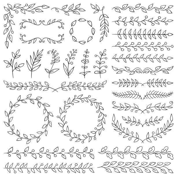 Set of hand drawn design elements. Vector floral dividers, wreaths, border frames. Doodle images.