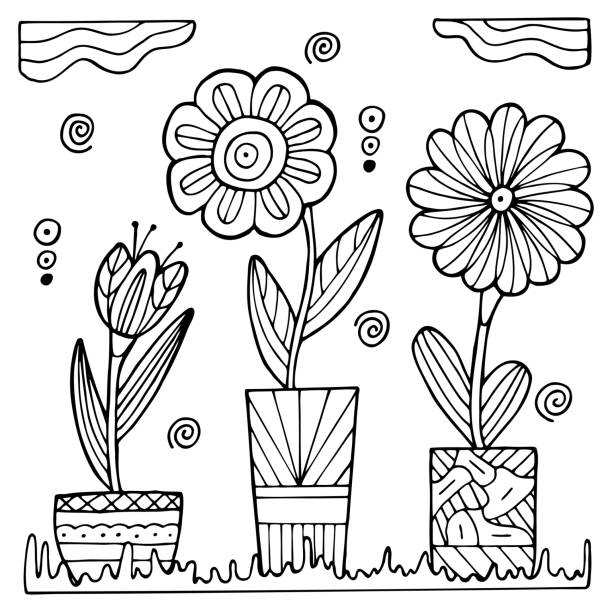 Hand drawn potted flowers on a white isolated background. Coloring book for children and adults. Simple outline antistress drawing. Hand drawn potted flowers on a white isolated background. Coloring book for children and adults. Simple outline antistress drawing. flower coloring pages stock illustrations