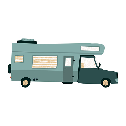 Hand drawn recreational vehicle isolated on white background. Fun doodle drawing of motor home for travel.