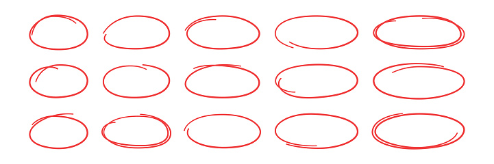 Hand drawn red ovals set. Ovals of different widths. Highlight circle frames. Ellipses in doodle style. Set of vector illustration isolated on white background.