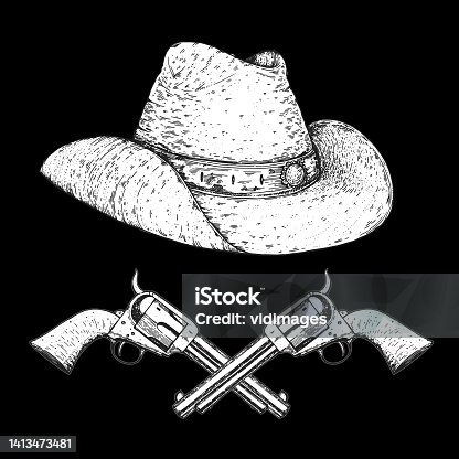 istock Hand drawn revolvers and cowboy hat vector illustration. Guns sketch. Vintage illustration. Engraved style. 1413473481