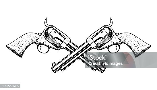 istock Hand drawn revolvers vector illustration. Guns sketch. Vintage illustration. Engraved style. 1352291285
