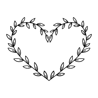 Hand drawn rustic floral frame. Laurel heart wreath for wedding invitation or holidays postcard. Nature design element.