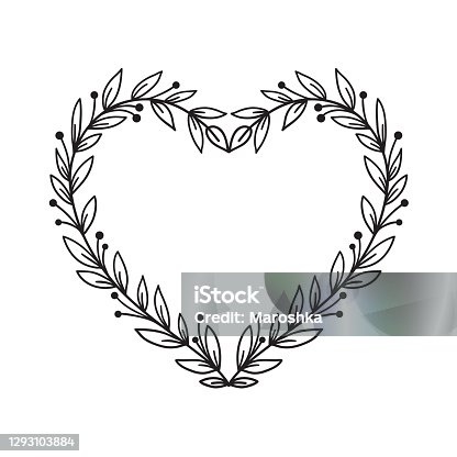 istock Hand drawn rustic floral frame. Laurel heart wreath for wedding invitation or holidays postcard. Nature design element. 1293103884