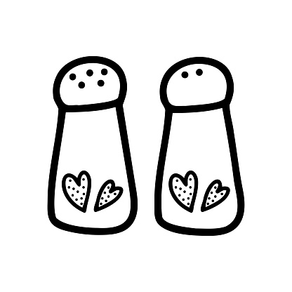 Hand drawn salt and pepper shakers on a white isolated background. Elements of kitchen utensils. Doodle, simple outline illustration. It can be used for decoration of textile, paper and other surfaces