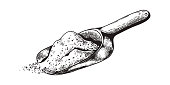 Hand drawn scoop. Outline shovel scooping up sand or sugar. Isolated monochrome measuring spoon full of bulk product. Wooden or plastic instrument. Vector black and white illustration with hatching