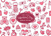 Hand drawn Valentine's Day seamless pattern. Cute hand drawn elements isolated on white. Pink colour palette. Vector illustration.