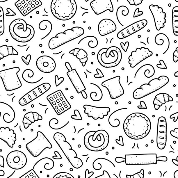 Hand drawn seamless pattern of bakery element. Doodle style vector illustration Hand drawn seamless pattern of bakery elements, bread, pastry, croissant, cake, donut. Doodle sketch style. Baking element drawn by digital pen. Vector illustration for banner, fabric, textile design. baked pastry item stock illustrations