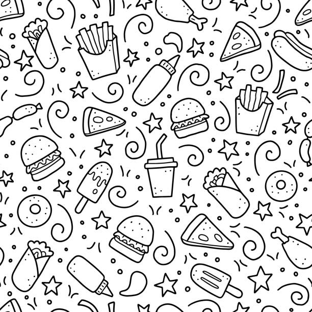 Hand drawn seamless pattern of fast food doodle. Vector illustration Hand drawn seamless pattern with fast food elements, burger, pizza, sandwich, hamburger, snack. Doodle sketch style. Fast food element for background, menu, wallpaper design. Vector illustration. sandwich backgrounds stock illustrations
