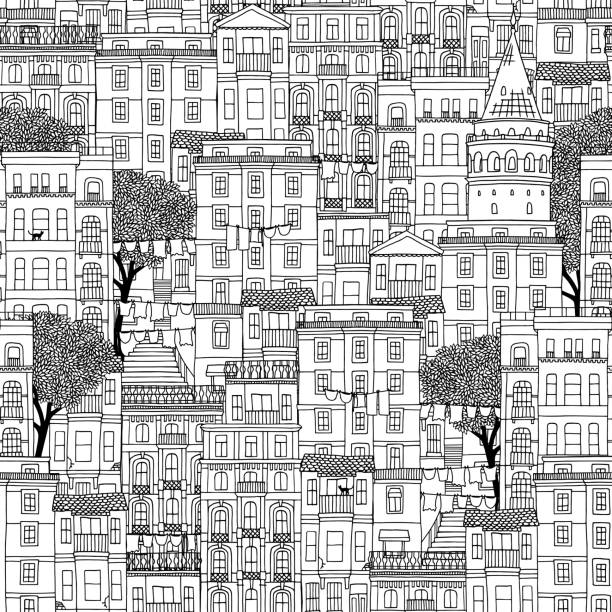 stockillustraties, clipart, cartoons en iconen met hand getekende naadloze patroon van huizen in istanbul - beyoglu
