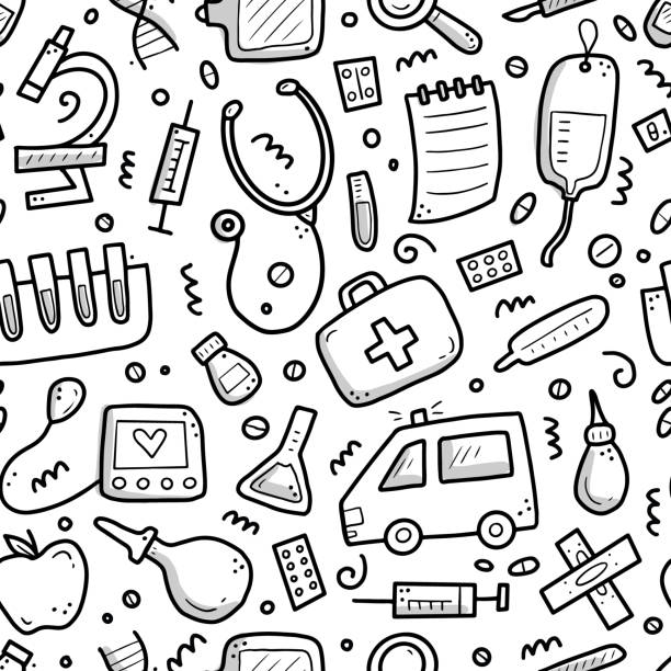 Hand drawn seamless pattern of medicne doodle elements Hand drawn seamless pattern of medicine elements, pill, tablet, stethoscope. Comic doodle sketch style. Medicine illustration for wallpaper, background, textile. doctor backgrounds stock illustrations