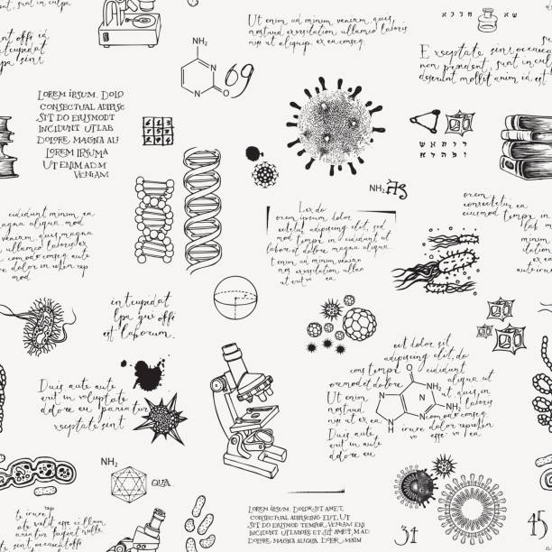 hand drawn seamless pattern on a scientific theme Abstract seamless pattern on the topics of medicine, chemistry, biology, genetics, scientific research and education. Hand drawn vector background with black handwritten lorem ipsum text and sketches dna drawings stock illustrations
