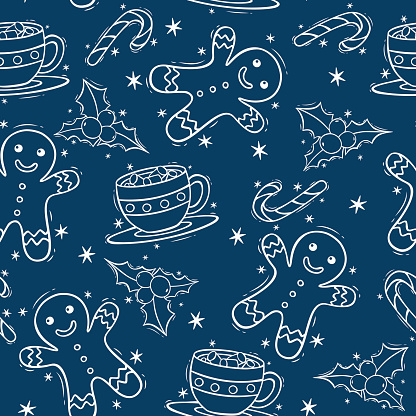 Hand drawn seamless pattern with candy cane, gingerbread man, holly berries and cup of cocoa with marshmallow in doodle style.