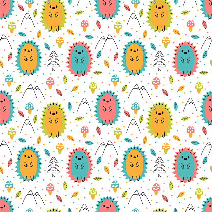 Hand drawn seamless pattern with cute cartoon hedgehogs. Childish design texture for fabric, wrapping, textile, decor. Kids background
