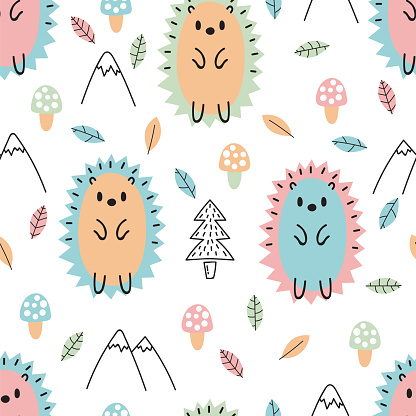 Hand drawn seamless pattern with cute cartoon hedgehogs. Kids background. Childish design texture for fabric, wrapping, textile, decor