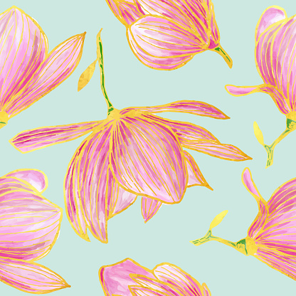 Hand Drawn Seamless Pattern with Gold and Pink Magnolia Flowers.  Oil, Acrylic Painting Floral Pattern. Design Element for Greeting Cards and Wedding, Birthday and other Holiday and Invitation Cards.