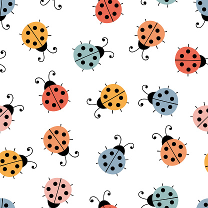 Hand drawn seamless pattern with ladybugs. Cute background. Simple graphic design. Scandinavian style