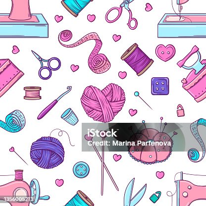 istock Hand drawn seamless pattern with objects for sewing, knitting and hand craft in doodle style 1356005213