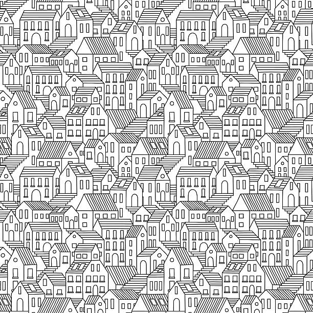 Hand drawn seamless pattern with town houses. Hand drawn seamless pattern with town houses. Vector background in black and white. city patterns stock illustrations