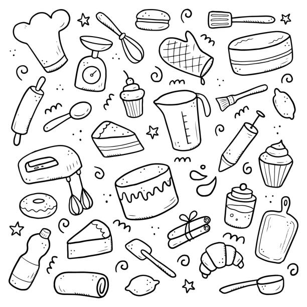 Hand drawn set of baking and cooking elements Hand drawn set of baking and cooking elements, mixer, cake, spoon, cupcake, scale. Doodle sketch style. Bakery element drawn by digital brush-pen. Illustration for icon, menu, recipe design. baked pastry item stock illustrations
