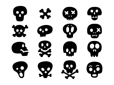Hand drawn set of black skulls and crossbones silhouette isolated on white background. Vector outline flat illustration. Design bone, skeleton death for halloween, pirate party, invitation