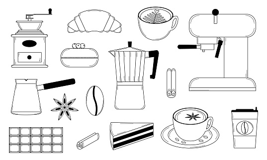 Hand drawn set of coffee illustrations, coffee making equipment and sweets. Doodle style. Vector.