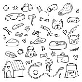 Hand drawn set of dog and pet accessories elements, bone, food, leash. For the design of dog themes, training, caring, grooming a dog. Doodle sketch style vector illustration.