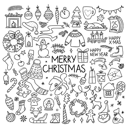 Hand drawn set of  Merry Christmas element  bell, ball, candy, angel, snowman, tree, fire in doodle style isolated on white background. Vector outline illustration. Design for card, flyer, banner