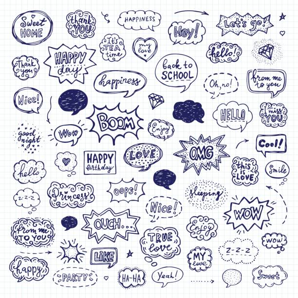 Hand drawn set of speech bubbles Hand drawn set of speech bubbles. Vector illustration over squared notebook sheet thank you phrase stock illustrations