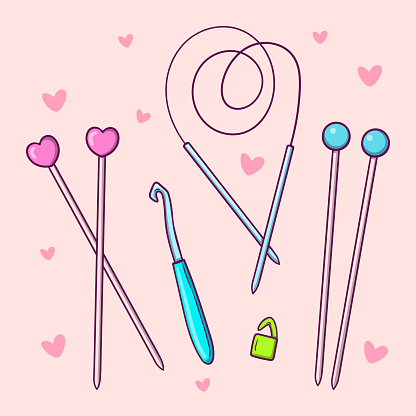 Hand drawn set of tools for knitting, knitting needles and crochet