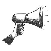 Hand drawn shouting megaphone icon, doodle and sketch design