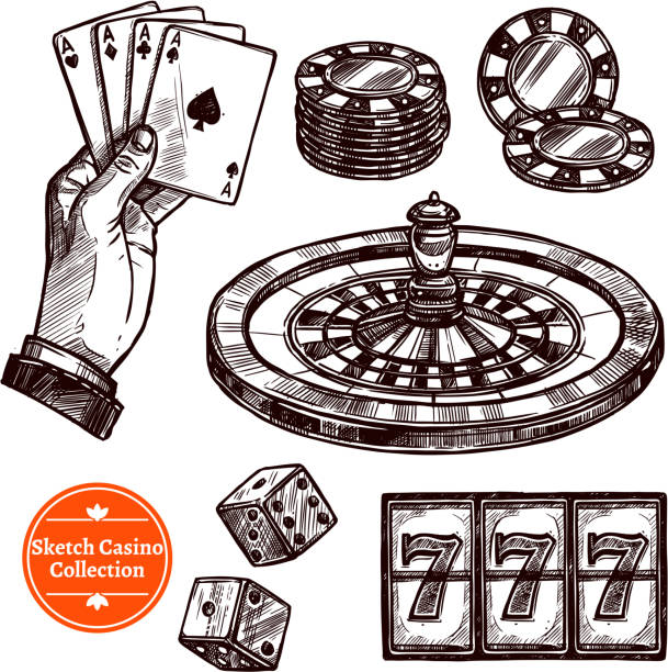hand drawn sketch casino set Hand drawn sketch casino collection with roulette cards chips jackpot dice elements vector illustration chess drawings stock illustrations