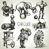 Hand drawn sketch circus and amusement vector illustrations. Vintage icons